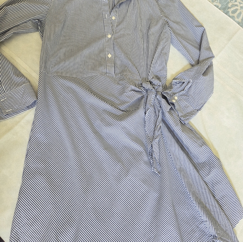 BAR lll Poplin Dress Wrap-Look Tie Waist Button-Down Blue Striped Size L